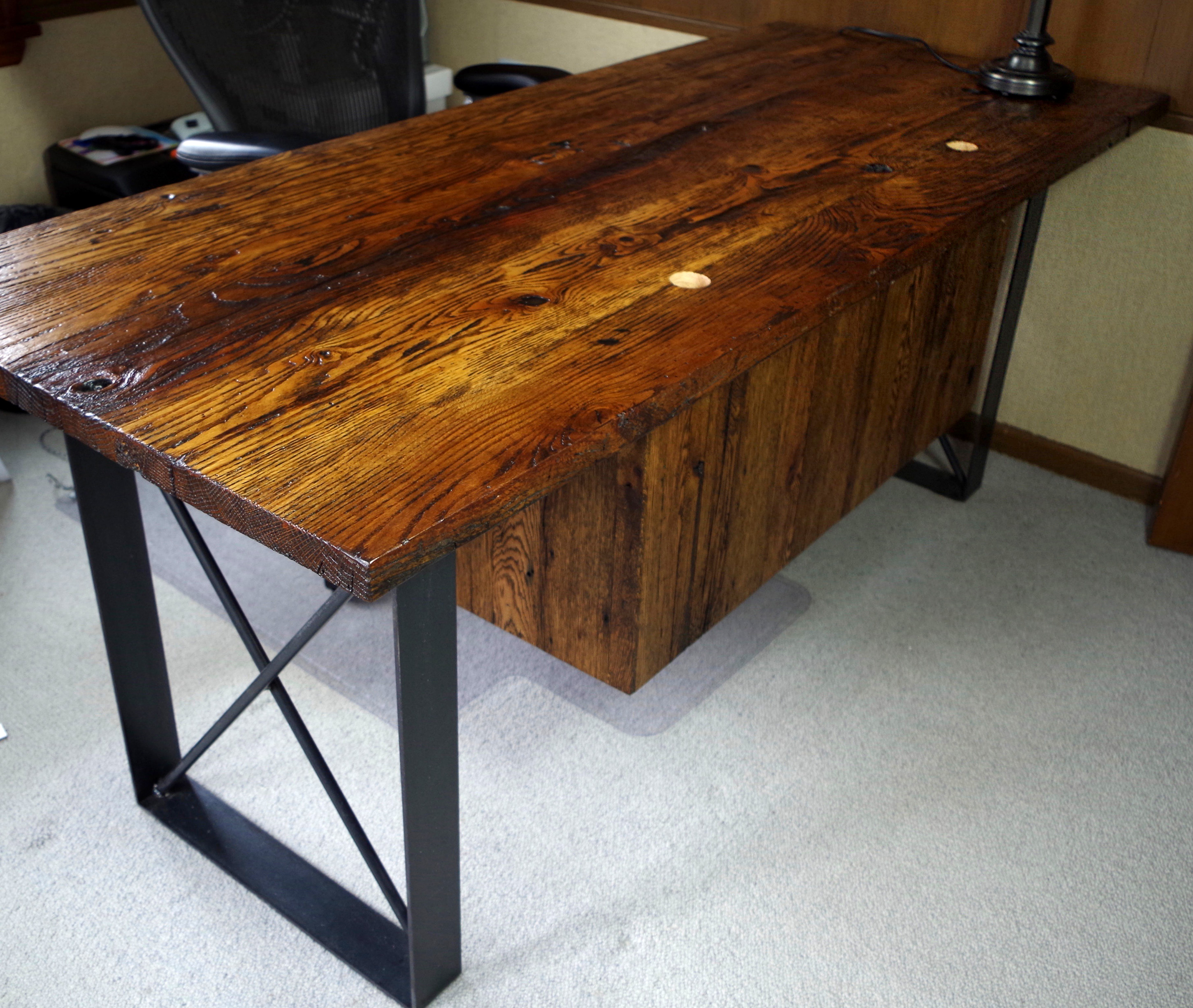 Rustic Oak Barnwood Desk with Steel Base