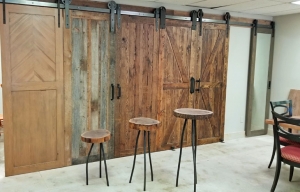 Rustic Barn Doors and Live Edge Side Tables on display in our showroom