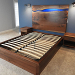 Custom Built Rustic And Modern Bed With Epoxy River Live Edge Walnut Headboard Handmade By CVCF Furniture Makers