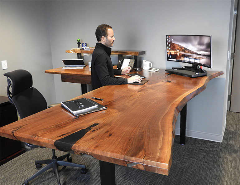 Custom Made Black Epoxy Resin Black Walnut Live Edge Adjustable Height Sit Stand Desk For Home Office Sold Locally