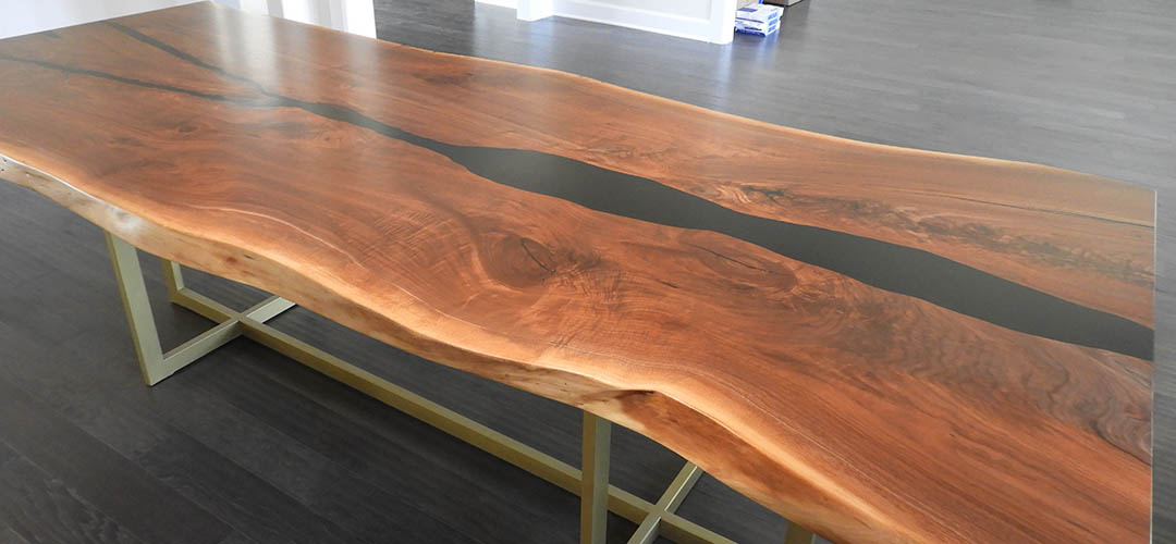 Walnut Live Edge Dining Room Table With Black Epoxy Resin