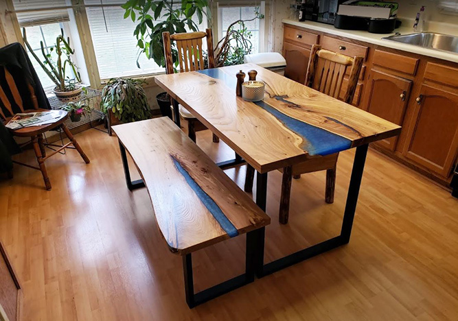 Custom Made Epoxy Resin River Kitchen Table With Matching Bench $6,500 | For Sale Locally Near You (U.S. Only) And Online