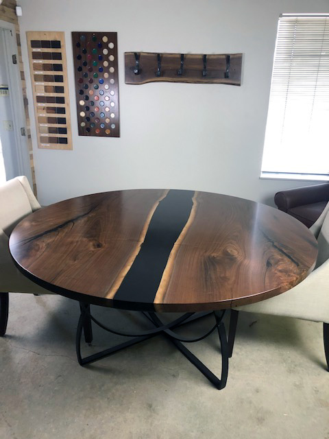 Buy A Custom Made Round Conference Table $7,000+ | For Sale Locally Near You (U.S. Only) Or Online | Pictured Here Is Round Black Epoxy Resin River And Black Walnut Live Edge Conference Table That Was Sold Online By CVCF