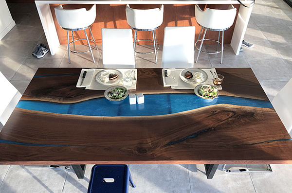 Modern Blue Epoxy Resin River Live Edge Black Walnut Dining Table $4,200+ [Custom Ordered]