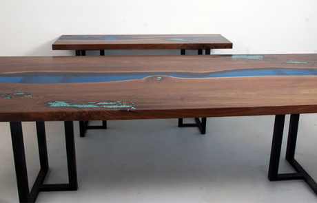 Walnut Epoxy Resin River Table With Turquoise Stones