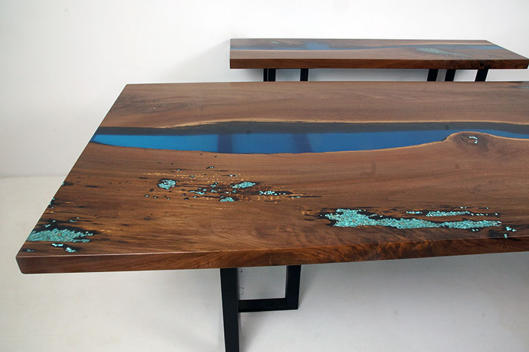 Walnut Epoxy Resin River Table With Turquoise Stones