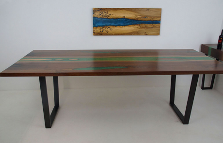 Large Green Epoxy Resin River Dining Table With Matching Credenza