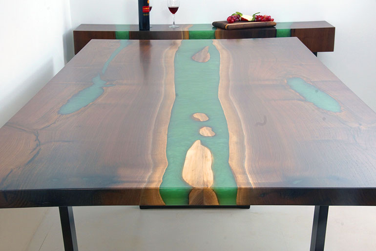Buy A Large Green Epoxy Resin River Dining Table For Sale Online $8,000+ | Custom Made By Chagrin Valley Custom Furniture | Includes Matching Credenza