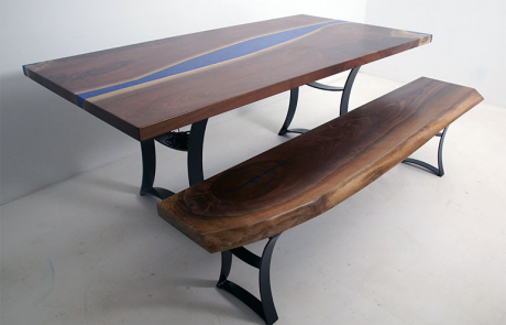 Black Walnut Table And Bench With Blue River And LED Lights
