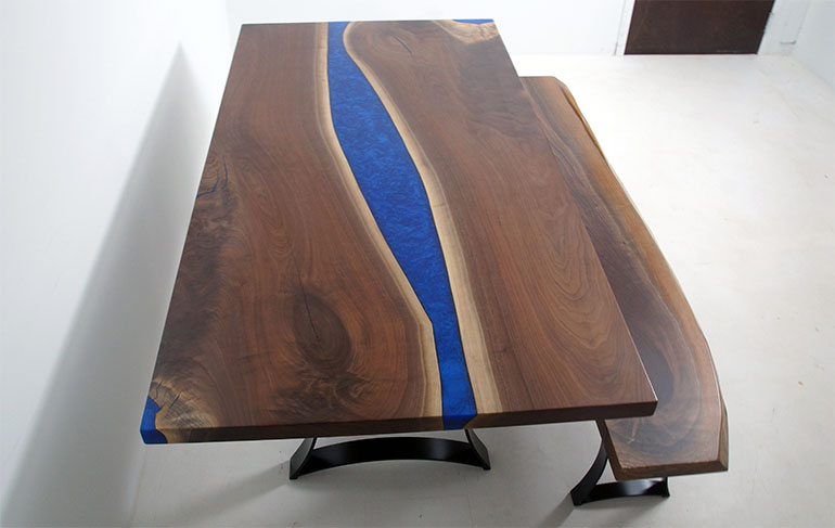 Black Walnut Table And Bench With Blue River And LED Lights