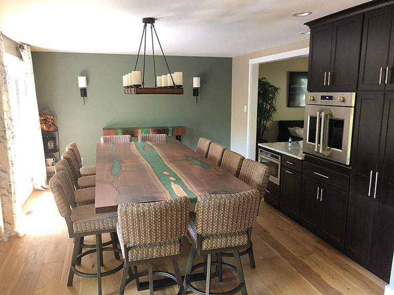 Large Green Epoxy Resin River Dining Table With Matching Credenza