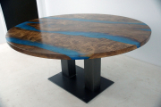 Stained Maple Round Table With Blue Resin And Stones