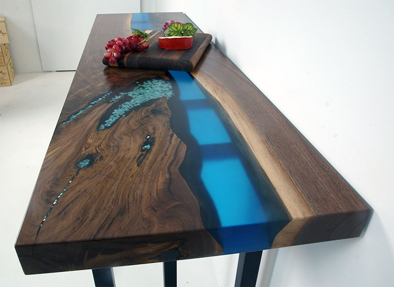 Custom Built Blue Epoxy Resin River Console Table For Sale At The CVCF River Table Online Store $1,900+