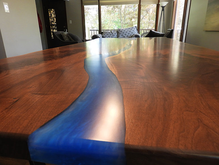 Blue Epoxy Resin River Dining Table That Seats 12 $8,500+ | Live Edge Black Walnut Slab Table Top For Sale At The CVCF River Table Online Store