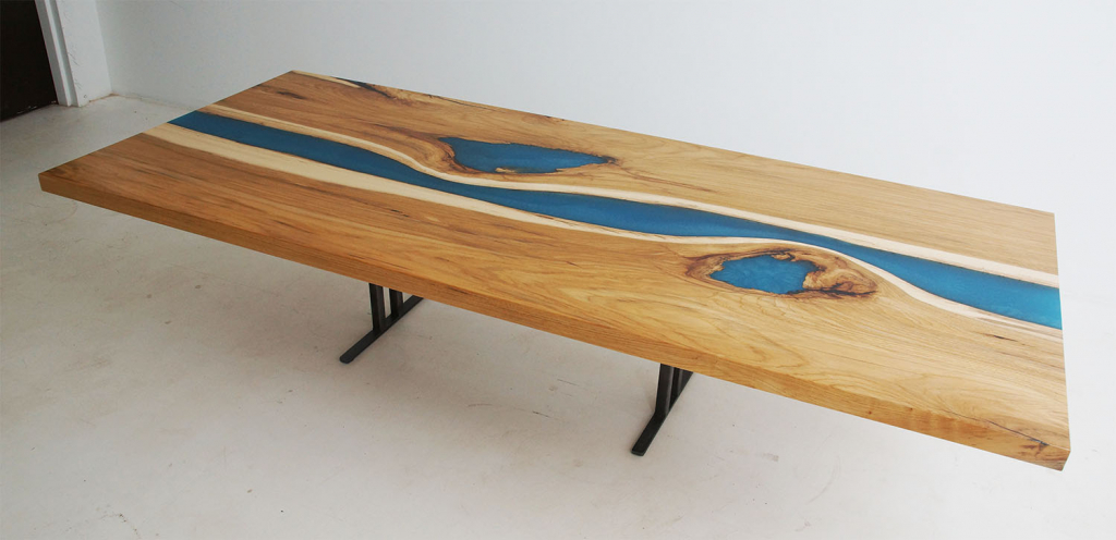 Hickory Live Edge Wood Slab Blue Epoxy Resin River Kitchen Island Top For Sale At CVCF River Table Online Store $3500+