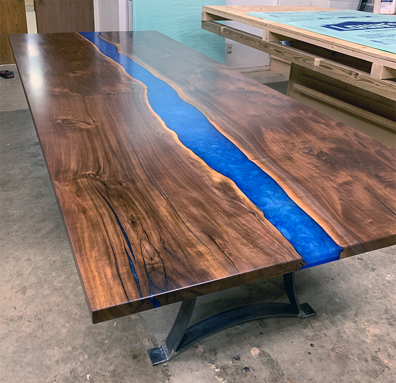 Buy A Large And Modern Custom Made Live Edge Conference Room Table $11,500+ Blue Epoxy Resin River | For Sale At CVCF River Table Online Store