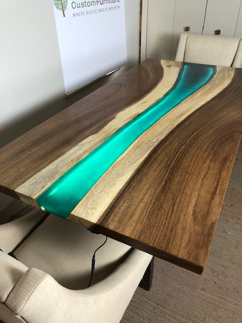 Custom Built Live Edge Green Epoxy Resin River LED Backlit Dining Table $5,800+ For Sale At The CVCF River Table Online Store