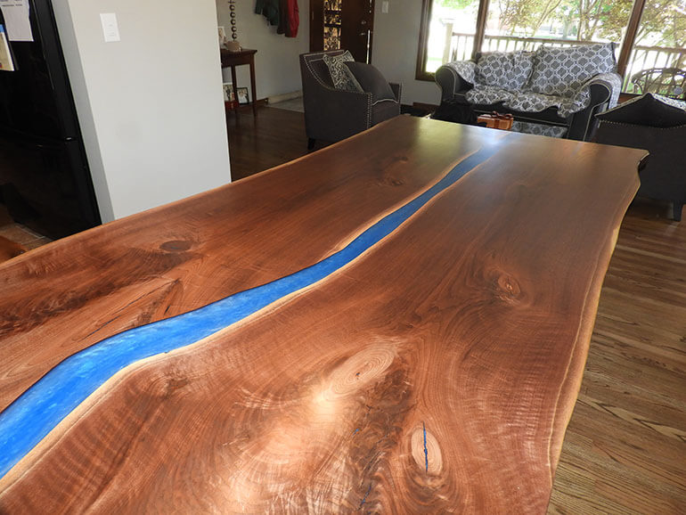 Custom Designed Live Edge Wood Slab Blue Epoxy Resin River-Table Sold Online By CVCF