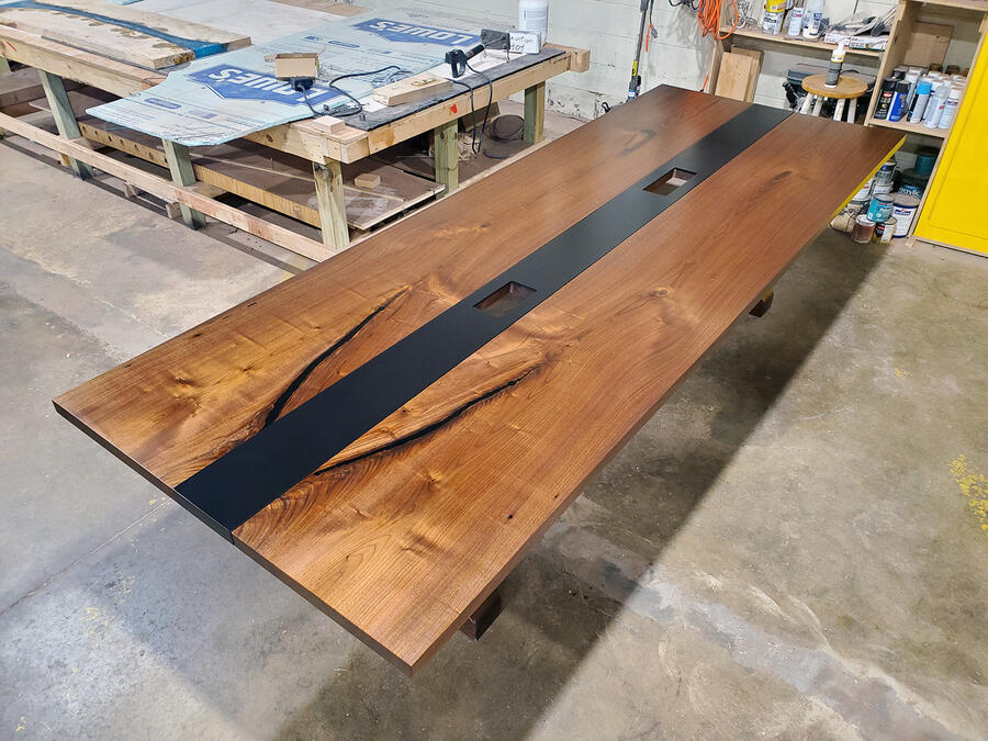 Custom Made Extra Large Live Edge Conference Room Table With Steel Inlay Down The Middle | Sold Online At The CVCF River Table Online Store In 2020 | $9,500+