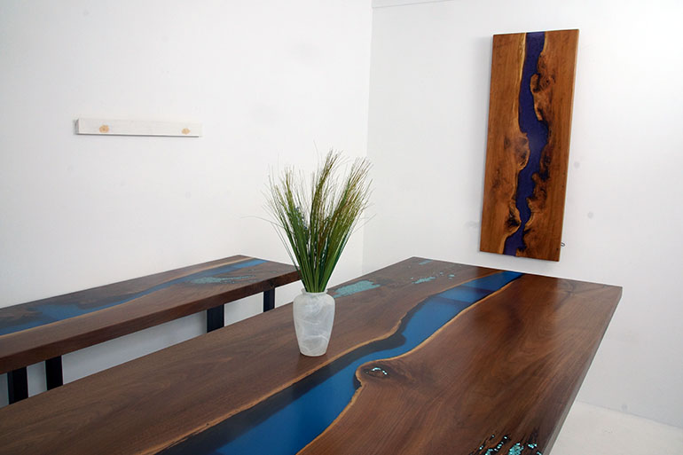 Custom Made Live Edge Black Walnut Dining Table With A Blue Epoxy Resin River $7,200+