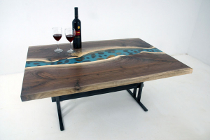 Live Edge Black Walnut Coffee Table With With Embedded River Rocks In A Blue Epoxy Resin River $2,600 For Sale At The CVCF River Table Online Store