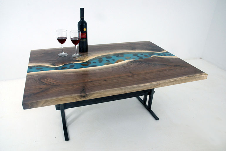 Live Edge Black Walnut Coffee Table With With Embedded River Rocks In A Blue Epoxy Resin River $2,600 For Sale At The CVCF River Table Online Store