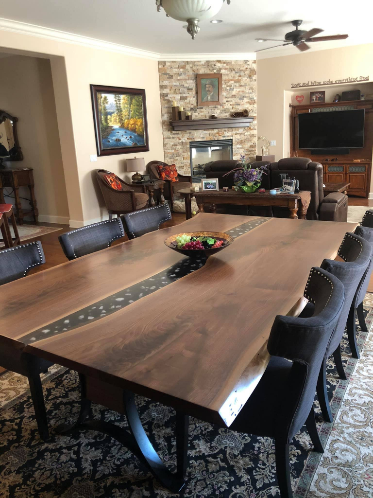 Custom Made Live Edge Black Walnut Dining Table With Black Epoxy Resin River And Embedded Crystals