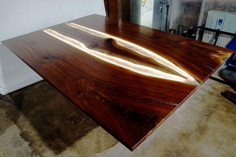 Custom Made Live Edge Epoxy Resin River Kitchen Table Top With Brilliant LED Lights Shipped To The Client In 2020