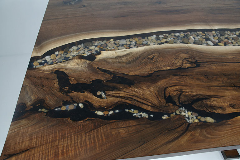 Embedded River Rocks In A Epoxy Resin River In A Live Edge Wood Dining Table Top On A Custom Wood Single Pedestal Base $6,500