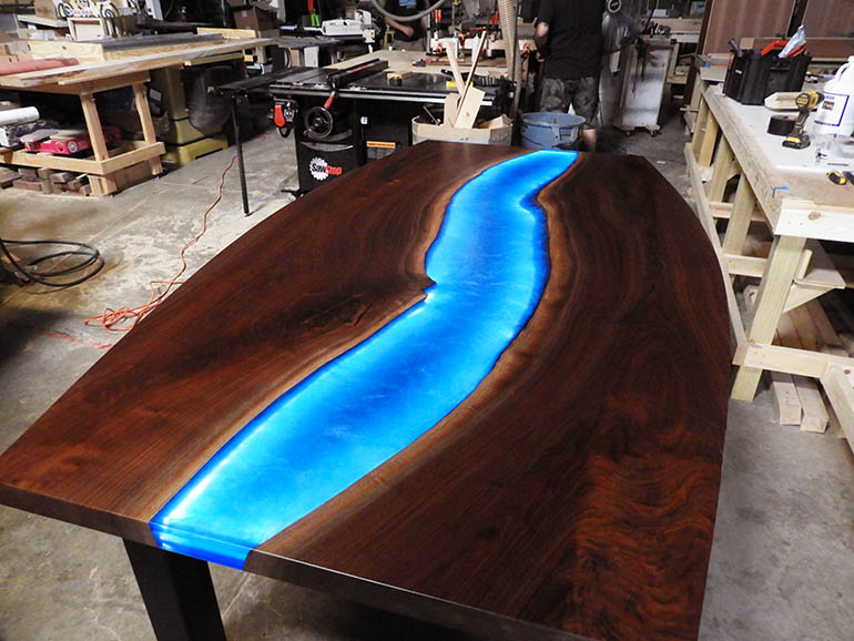 Epoxy Resin River And Wood Conference Tables With LED Lights For Sale Locally Near You (U.S. Only) And Online By Chagrin Valley Custom Furniture$4,500+