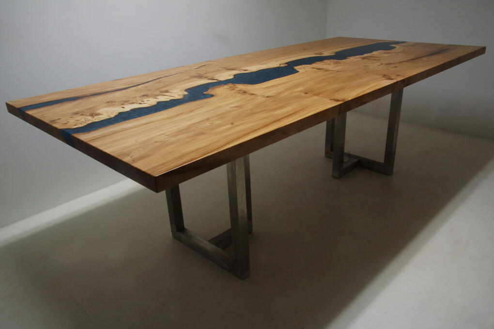 Expertly Handcrafted Live Edge White Oak Dining Room Table With Teal Epoxy Resin River $8,300+ | Co-Designed Online By CVCF And Customer In 2020 | Sold Online At The CVCF River Table Online Store