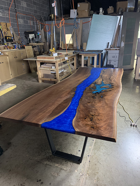 Handmade Dining Table Made With Live Edge Black Walnut And Showcased With A Brilliant Blue Epoxy Resin River $4,650+ | Co-Designed By CVCF And Customer | Shipped To Custom In New York In 2020