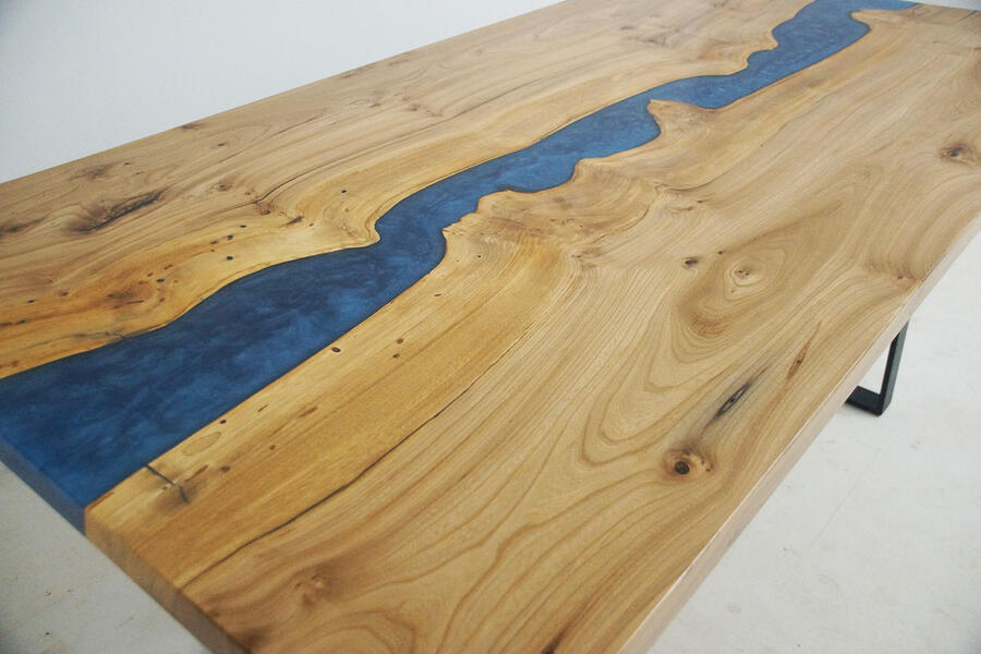 Handmade Elm Kitchen Table With Blue Epoxy Resin River Sold Online By CVCF $5,500+