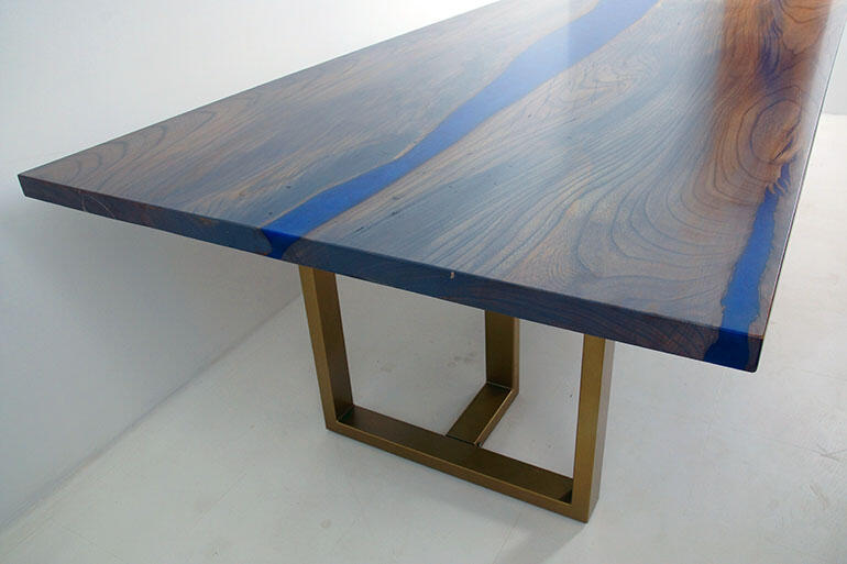 Handmade Hickory Live Edge Dining Room Table Stained Gray With Blue Epoxy Resin River $6,100+ | Custom Made Epoxy Resin River Dining Table Co-Designed By CVCF And Our Gracious Customer | Sold Online At The CVCF River Table Online Store In 2020 | This Totally Cool River Table Was Shipped In 2020 To The Customer Who Easily Attached The Sturdy Steel Legs