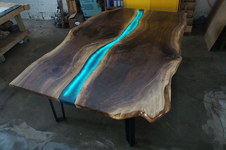 Handmade Live Edge LED Backlit Walnut Epoxy Resin River Conference Table $9,000+ For Sale At CVCF River Table Online Store | Co-Designed By CVCF And Customer