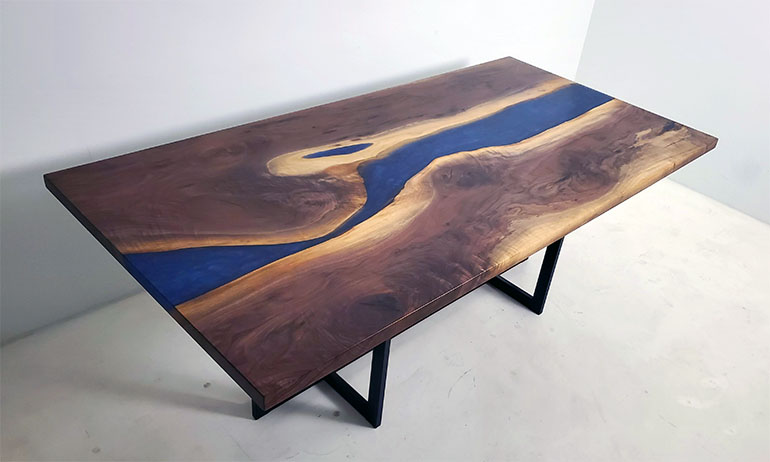 Handmade Black Walnut Blue Epoxy Resin River Dining Table $5,900+ | Sold Online At The CVCF River Table Online Store In 2020 