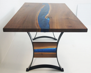 LED Strip Lights In A Blue Epoxy Resin River Live Edge Dining Table Top | Sold Online By CVCF In 2020 | $6,000+ | Custom Table Top Base Made With Metal, Wood And Led Lights | Shipped In 2021