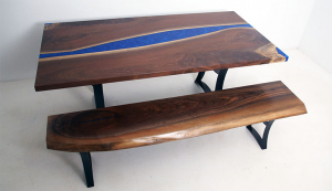Custom Made Live Edge Black Walnut Dining Table With Cobalt Blue Epoxy Resin River With Embedded LED Lights And Matching Live Edge Bench $9,000+ For Sale At CVCF River Table Online Store