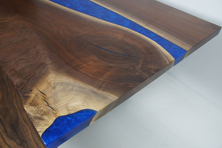 Live Edge Black Walnut Dining Table With Cobalt Blue Epoxy Resin River