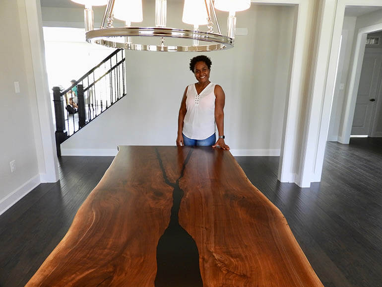 Buy A Custom Built 10 Foot Long Live Edge Black Walnut Wood Slab And Black Epoxy Resin River Dining Table Online | $8,500+ | Pictured Here Is A River Table Sold Online To A Gracious Customer In Washington DC In 2019 By CVCF