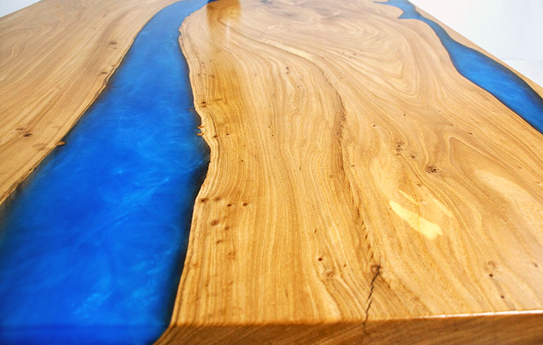 Buy A Blue Epoxy Resin River For Sale At The CVCF River Table Online Store $7,900+ | Custom Built Live Edge White Oak Table Top