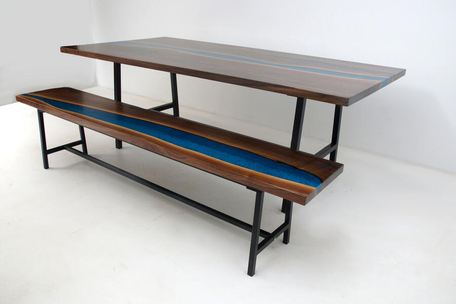Totally Cool LED Backlit Blue Epoxy Resin River Live Edge Dining Room Table With Matching Bench $8,800+ Sold Online In 2020