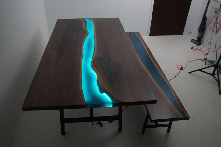 Way Cool LED Backlit Stunning Blue Epoxy Resin River Live Edge Dining Room Table With Matching Bench $8,800+ Custom Made By CVCF Resin Artists, Electricians And Furniture Builders