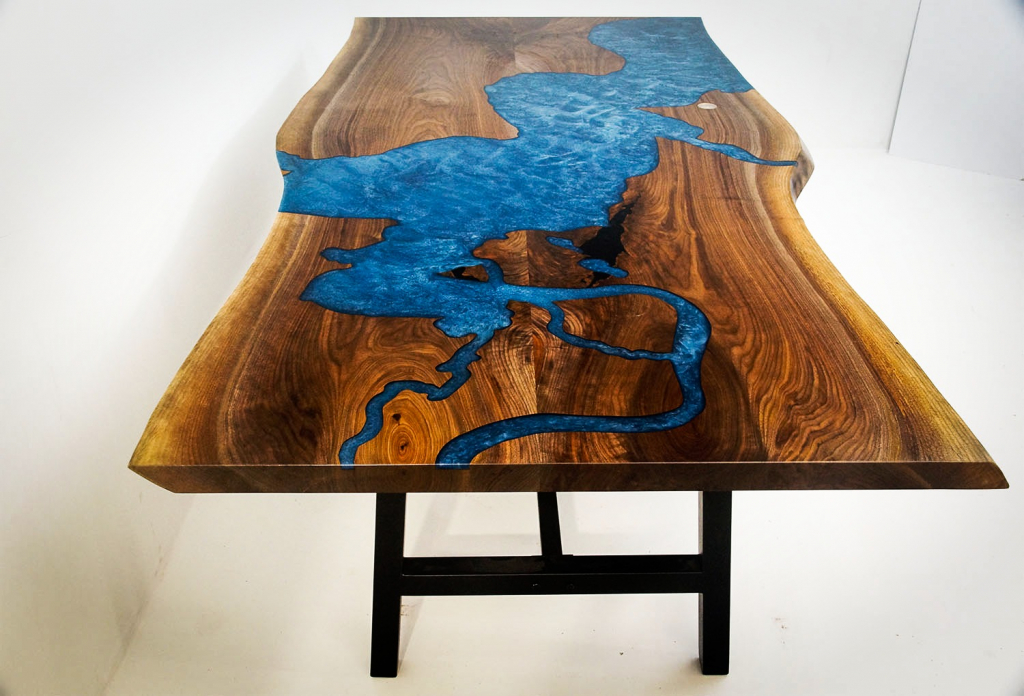 River Table For Sale | Ordered At CVCF Epoxy River Table Online Store | Custom Made CNC Carved And Blue Epoxy Resin Filled Chesapeake Bay Live Edge Dining Table | $7,000+ | Custom Furniture Co-Designed Online By Pennsylvania Client And CVCF River Table Makers | Furniture Custom Built And Shipped In 2020 | Buy A Custom River Table | Order A Resin Inlay Table Locally Near You (U.S. Only) Or Online At Chagrin Valley Custom Furniture | Epoxy Resin Water Scene Tables