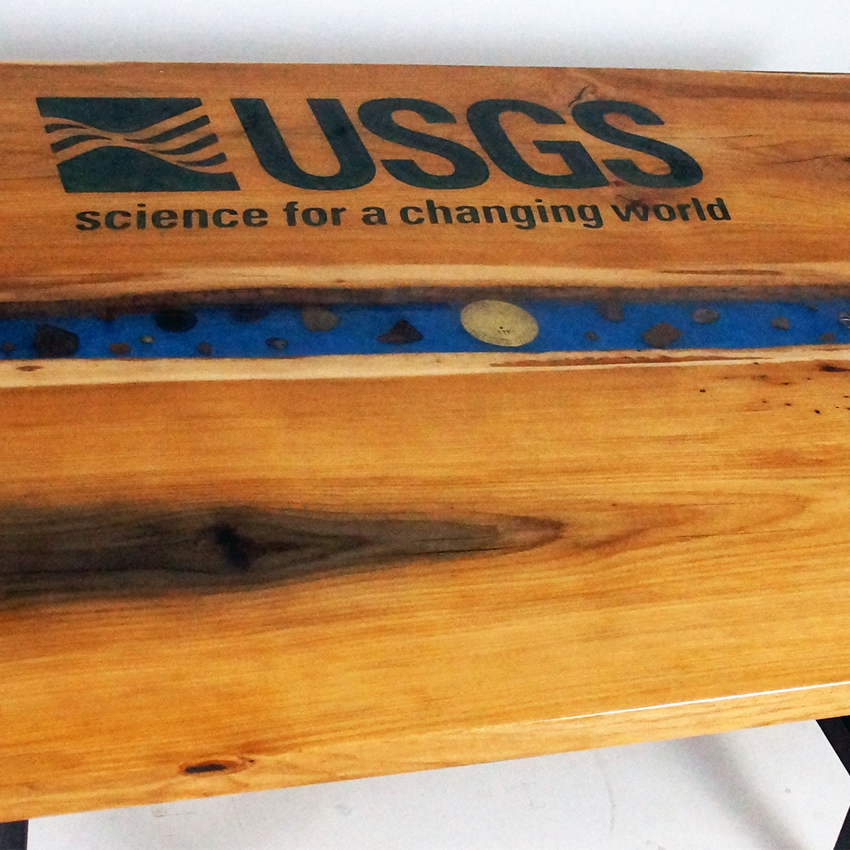 USGS CNC Carved Table Of Logo Etched And Filled With Epoxy Resin