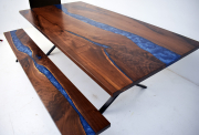 Blue Epoxy Resin River Dining Table & Bench